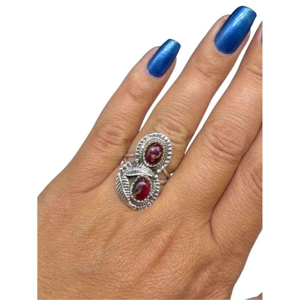 Red Rose Dahlia Kingman Turquoise Ring Size 6.5 Solid 925 Sterling Silver